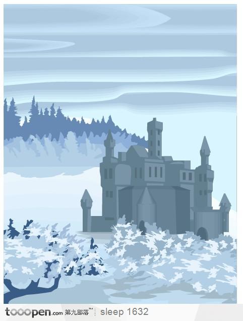 雪地里的城堡建筑插画素材 堆糖,美图壁纸兴趣社区
