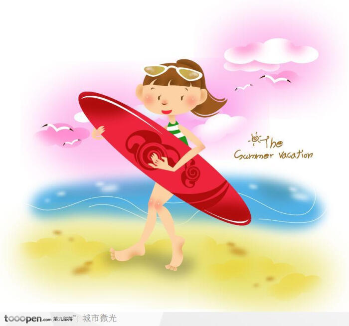 夏日儿童插画-海滩上拿着冲浪板的女孩
