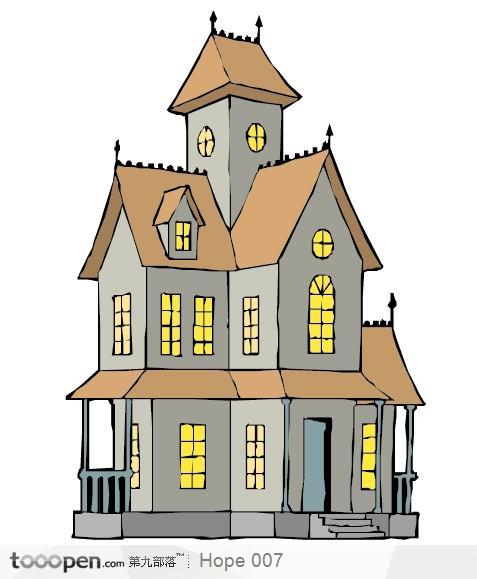 亮灯的楼房手绘插画