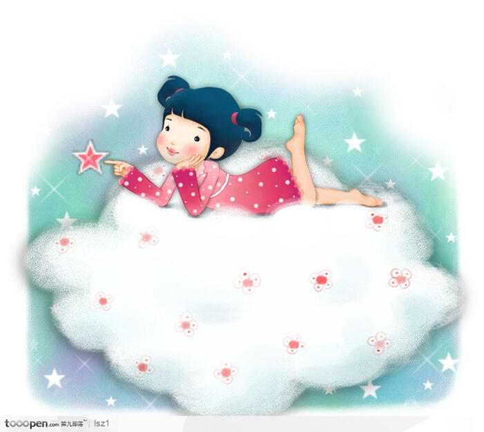 云朵上的女孩 儿童插画   素材公社 tooop