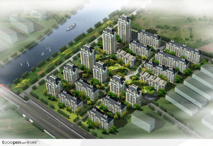 俯视下的住宅群建筑效果图