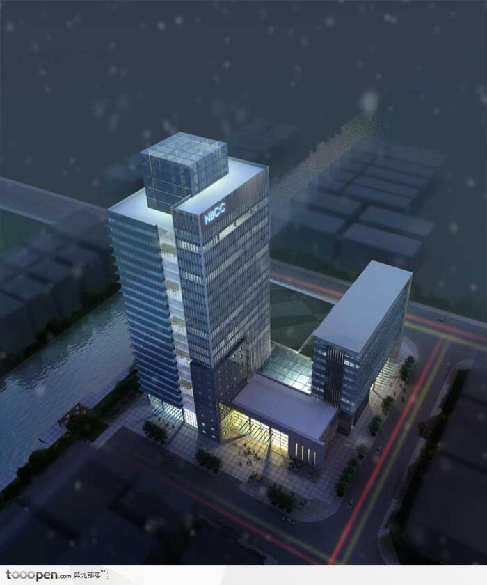 现代商务办公楼夜景建筑效果图