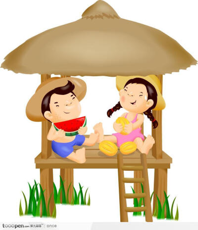 小胖孩插画之坐在草棚上吃西瓜的男孩和女孩
