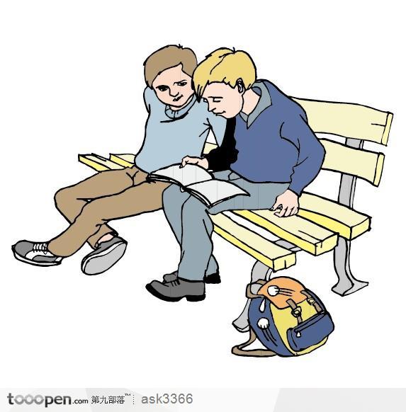 一起坐在长椅上看书的少年