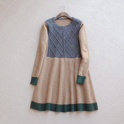 日系女装圆领长袖拼色菱形麻花针织毛线连衣裙 q9364