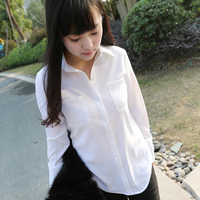 女士衬衫 长袖白色百搭小清新棉质衬衣 打底衬衫