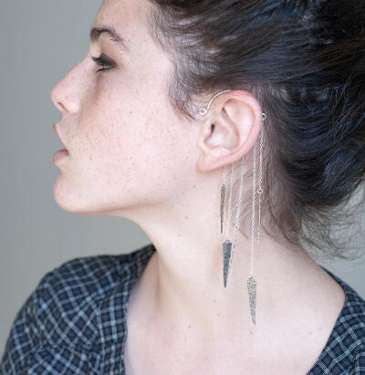 以色列设计师gittitknobbly 纯银镀金流苏无耳洞耳夹耳挂 长钉