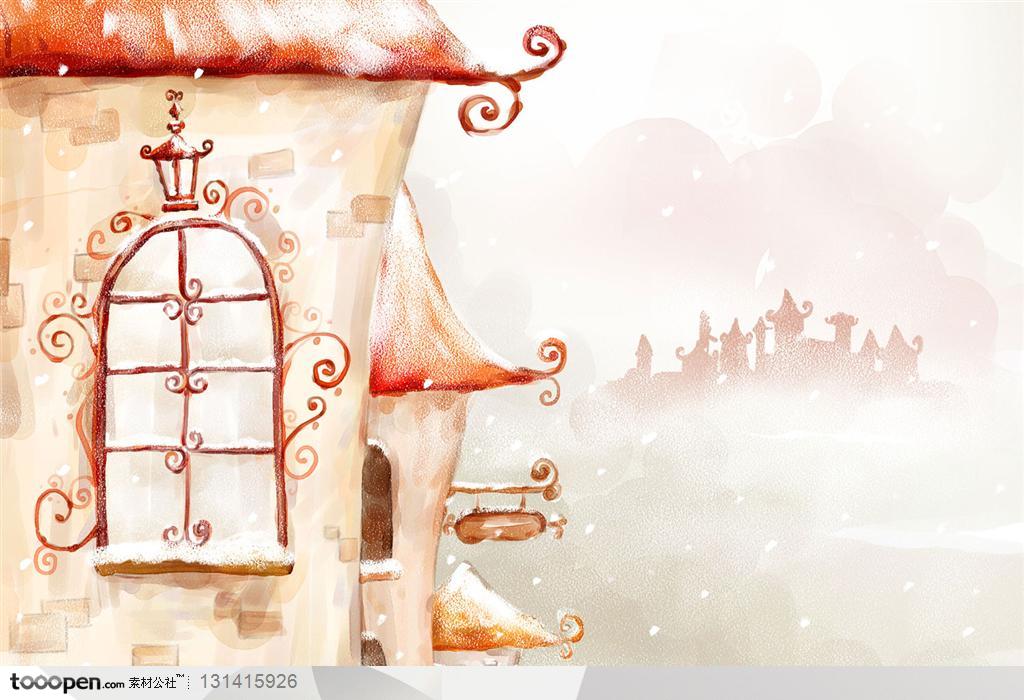 手绘风景-水彩画西式卡通漫画房子