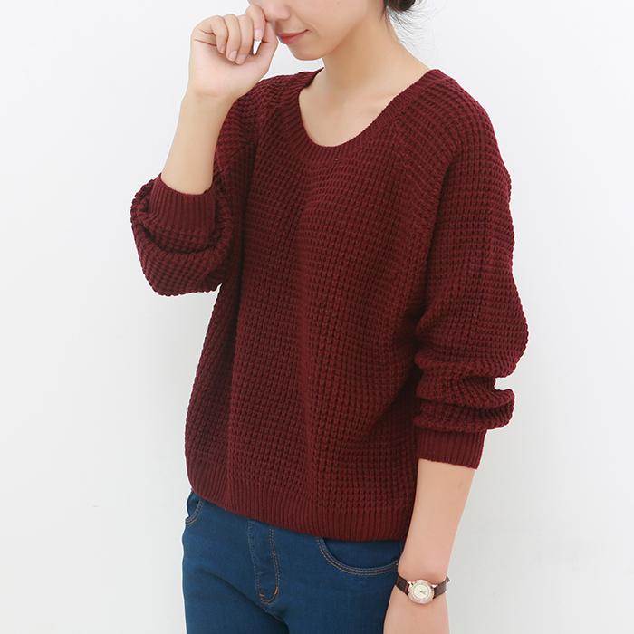 元子 秋冬棉质宽松圆领渔网套头毛衣 纯色针织毛衣外套女