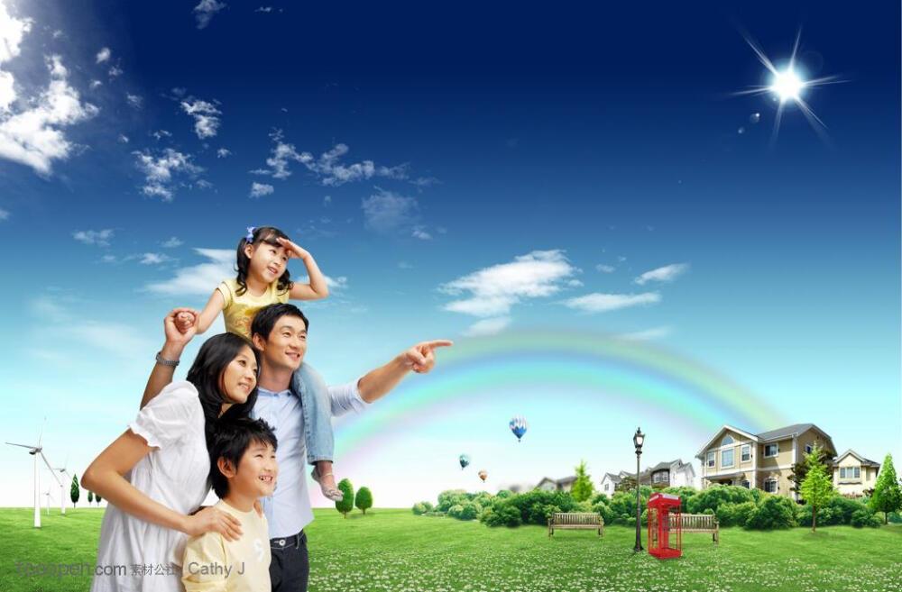 幸福的四口之家和别墅建筑背景