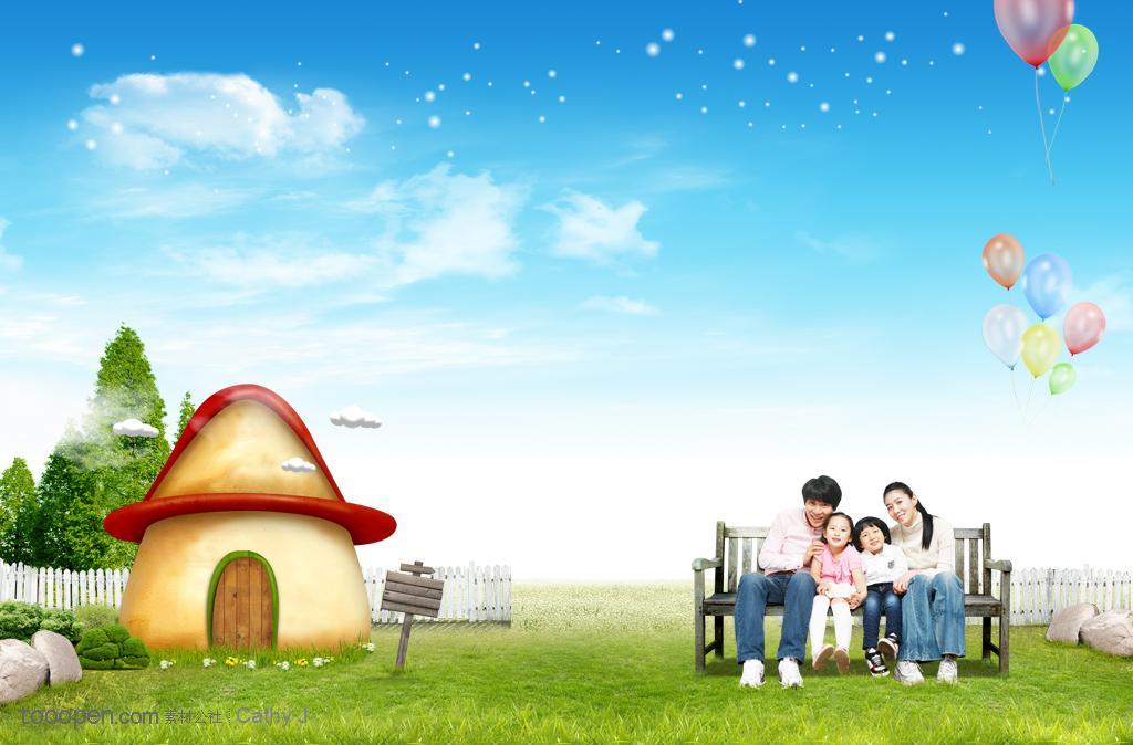 坐在木质长椅上的一家人和可爱的蘑菇房子 - 堆糖,美图壁纸兴趣社区