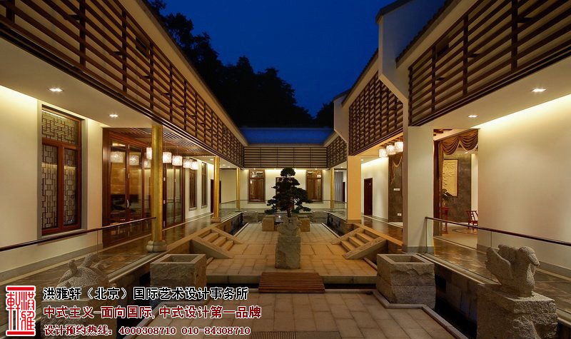 自建房屋古典中式设计,深蓝色的夜空呀,古雅高贵的庭院之内石雕造型