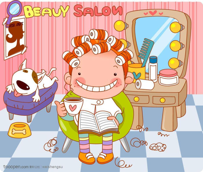 韩国卡通胖女孩 美发院做头发的卷发娃娃