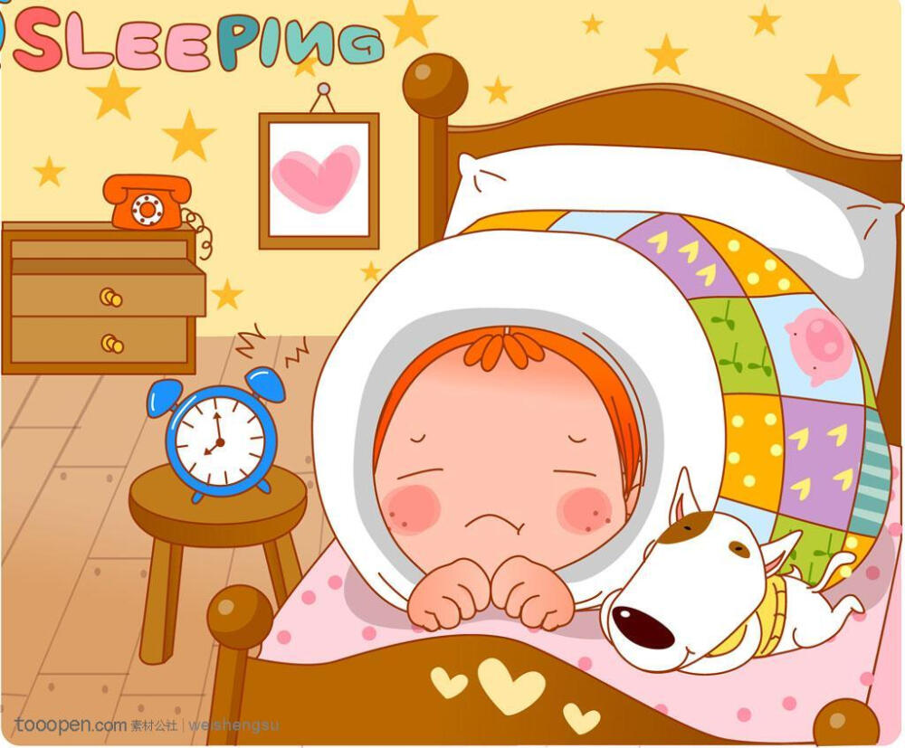 韩国卡通胖女孩躲在被窝里的卷发娃娃和小狗