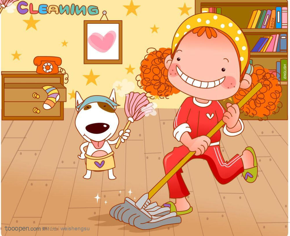韩国卡通胖女孩打扫卫生的卷发娃娃和小狗