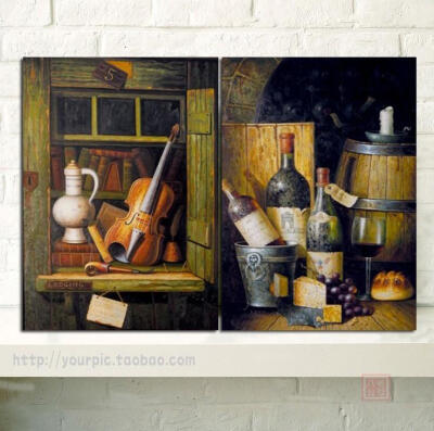 欧式复古仿油画 小提琴葡萄酒 西餐厅装饰画 红酒酒庄挂画 酒窖画