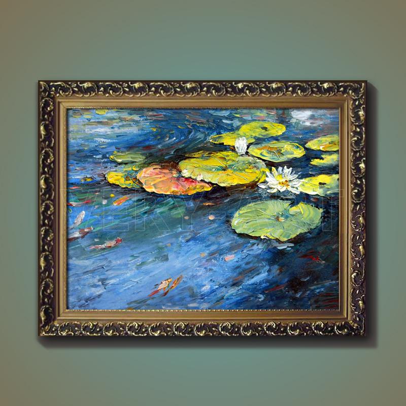 veryart印象荷塘花卉装饰画睡莲风景油画纯手绘有框油画荷花油画
