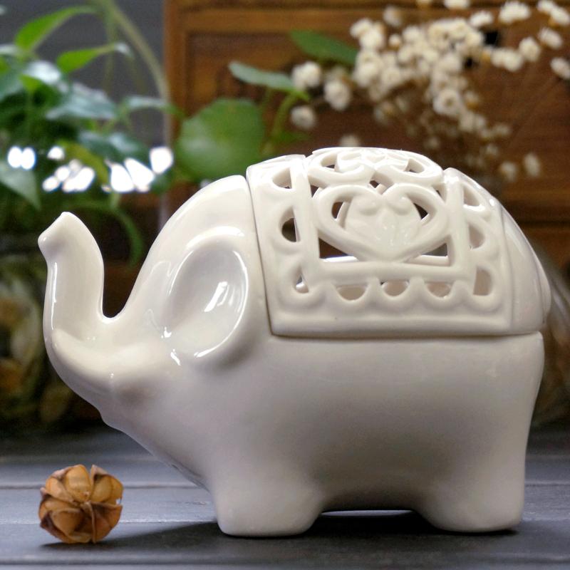 zakka镂空陶瓷大象现代家居饰品摆件小象陶艺香薰烛台工艺品