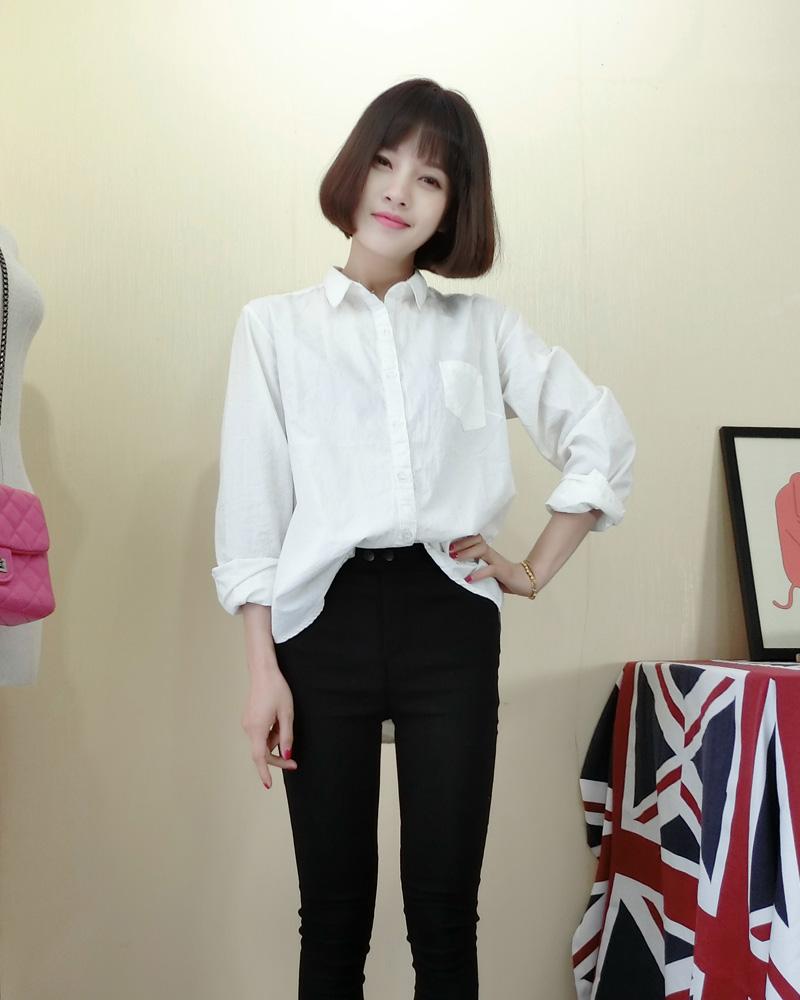 2015韩国春夏复古百搭白色纯棉长袖衬衫女简洁女装衬衣