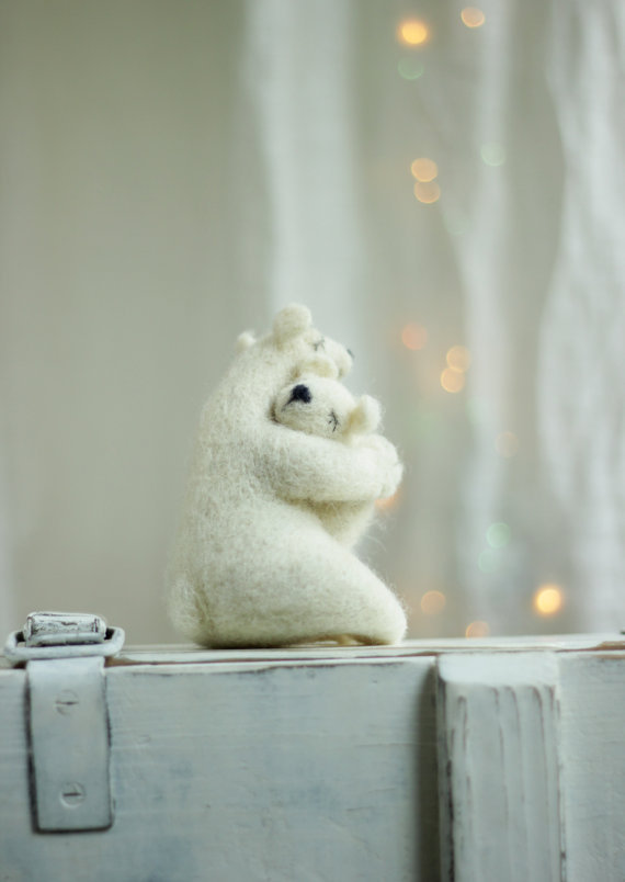christmas dreamy white bear with a baby bear -needle felt art