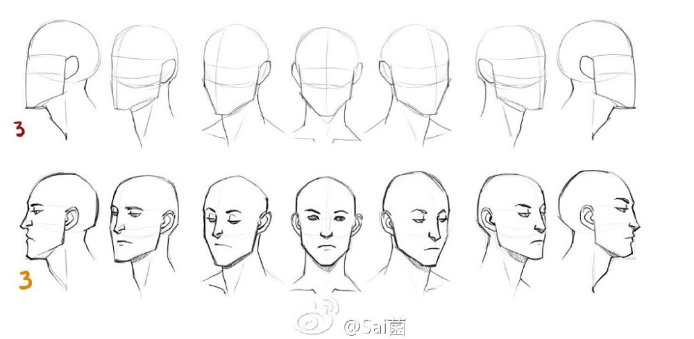 绘画学习# 头部各角度绘制参考,画出各角度头部,大量的努力还是有
