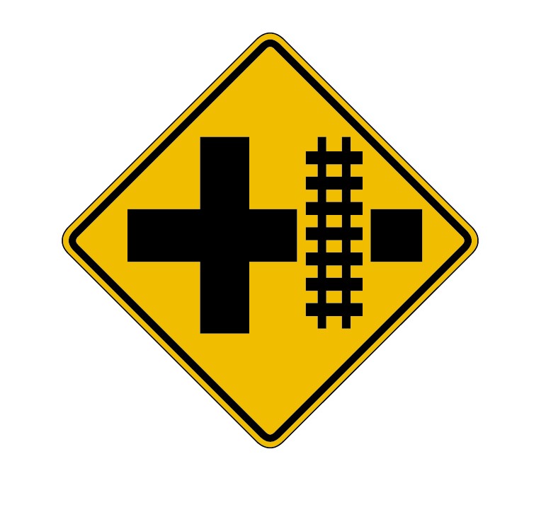铁路穿行的十字路口道路交通标志汽车标志