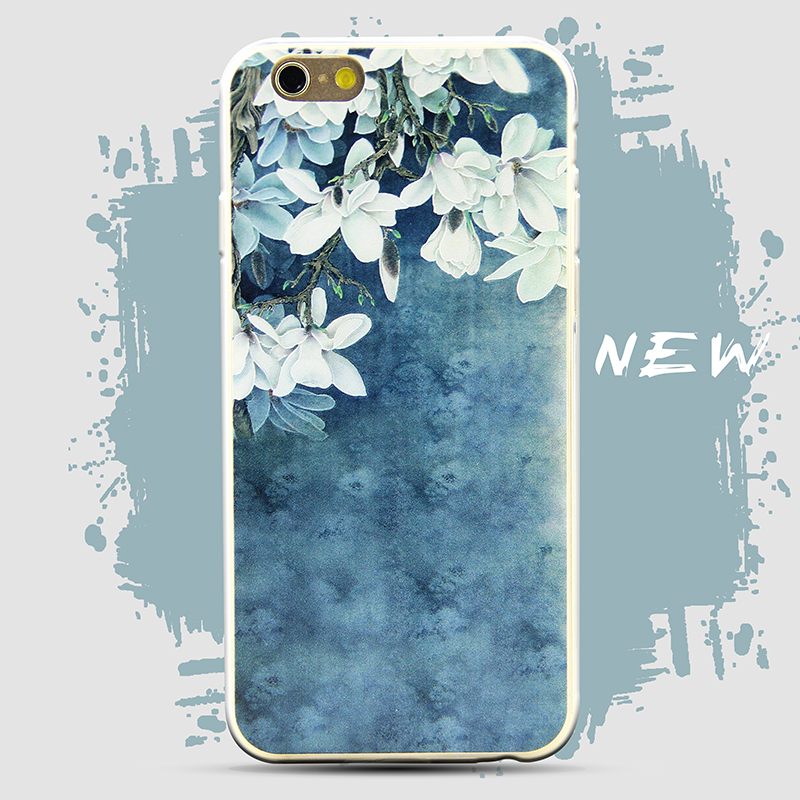 素雅蓝底白花 创意苹果5s iphone6 plus case手机壳 原创浮雕软壳
