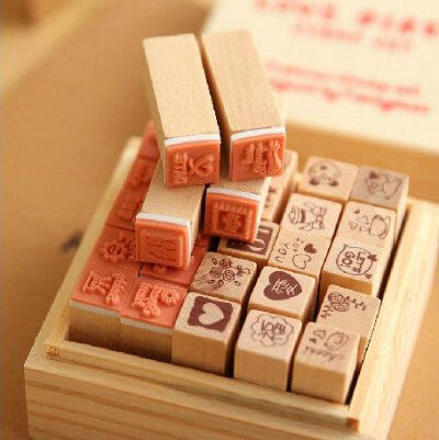 39木盒礼盒diy印章实用可爱日记装饰印章25个套装爱心款