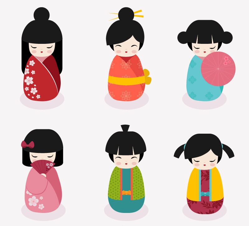 6款可爱日本娃娃设计矢量素材,素材格式:ai,素材关键词:女孩,日本