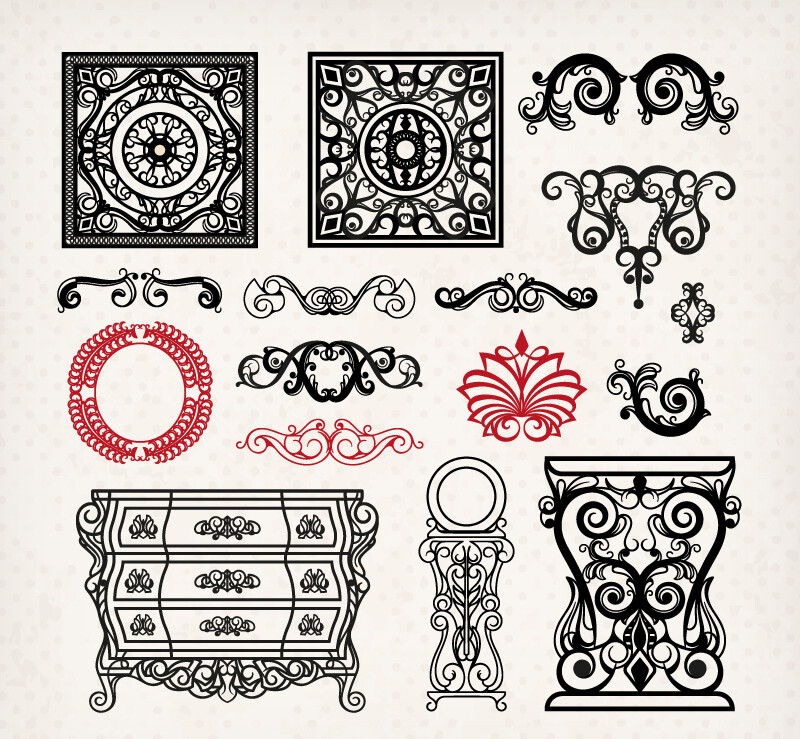16款古典花纹与家具设计矢量素材,素材格式:ai,素材关键词:花纹,花边