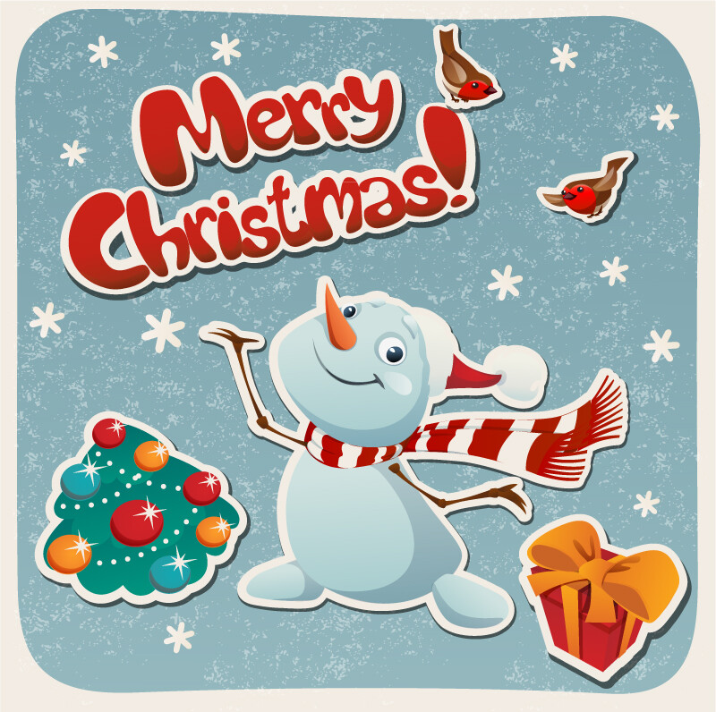 雪人贺卡矢量素材,素材格式:eps,素材关键词:礼物,小鸟,雪人,圣诞节