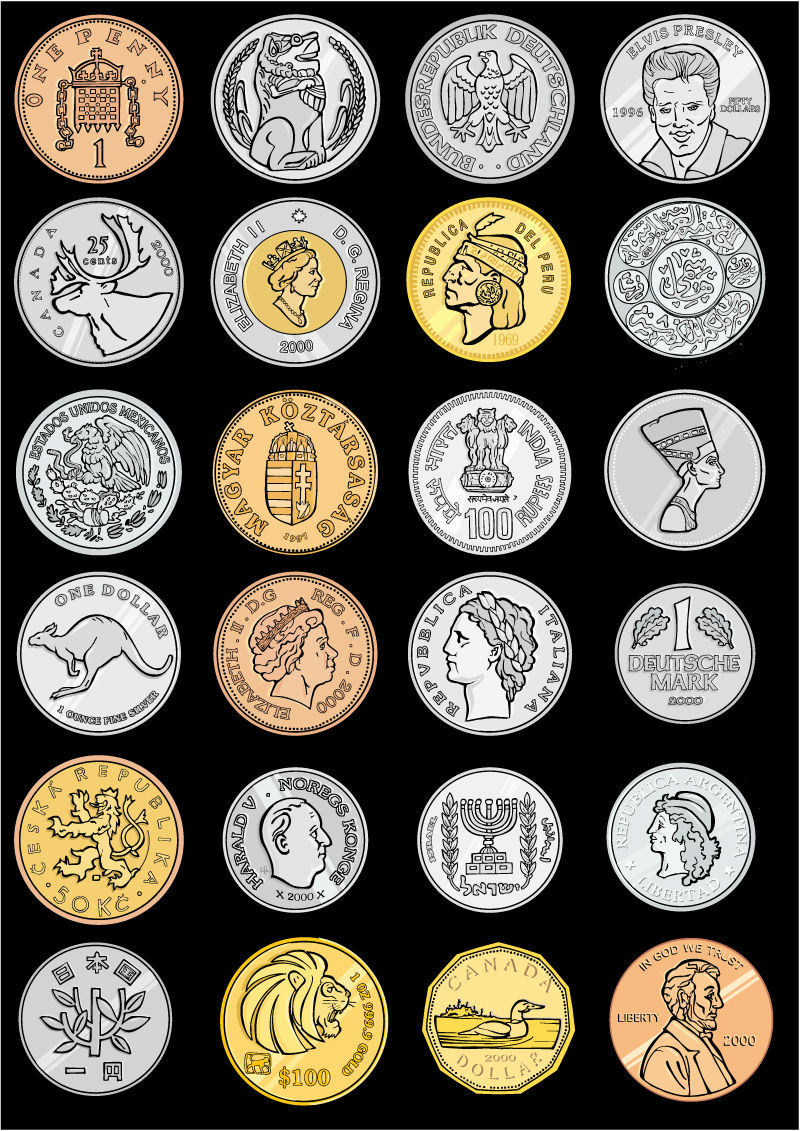 24个世界各国硬币设计矢量素材,素材格式:ai,素材关键词:金币,硬币