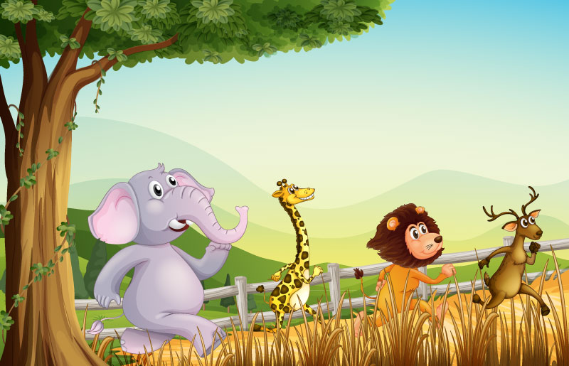 卡通赛跑动物插画矢量素材,素材格式:eps,素材关键词:大象,狮子