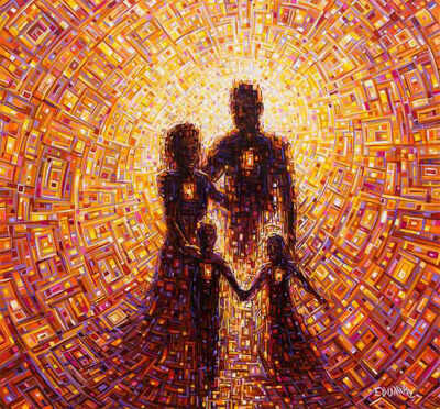 一幅色彩绚丽的概念化艺术作品,每个形状又能拼接成画中所要表达的人