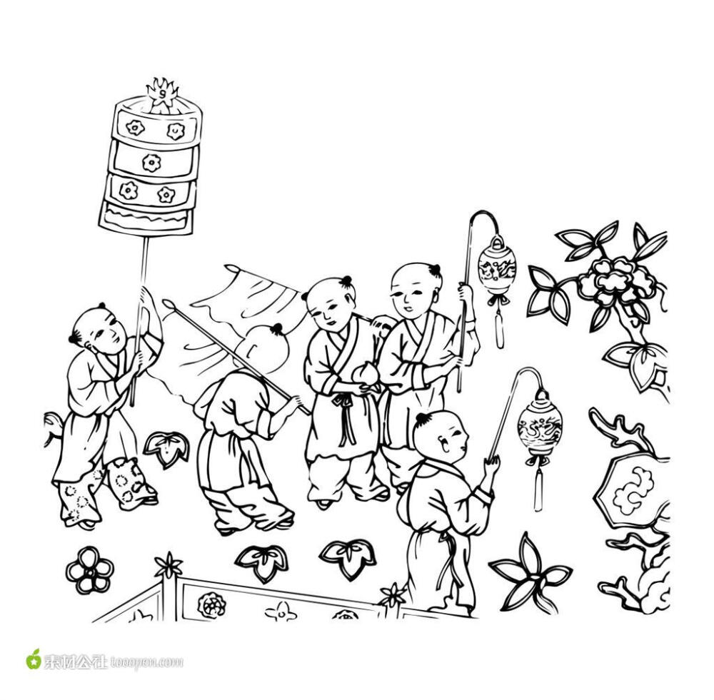 提灯笼的古代孩童矢量素材