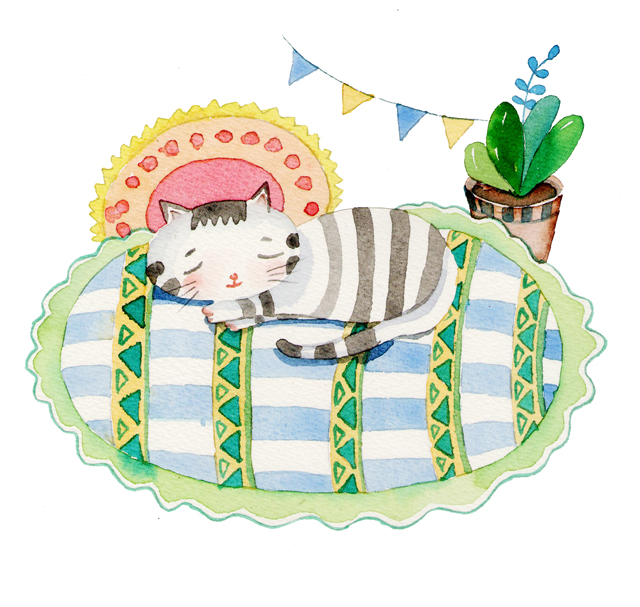 小猫咪 水彩 手绘 插画家园刘00睡不饱