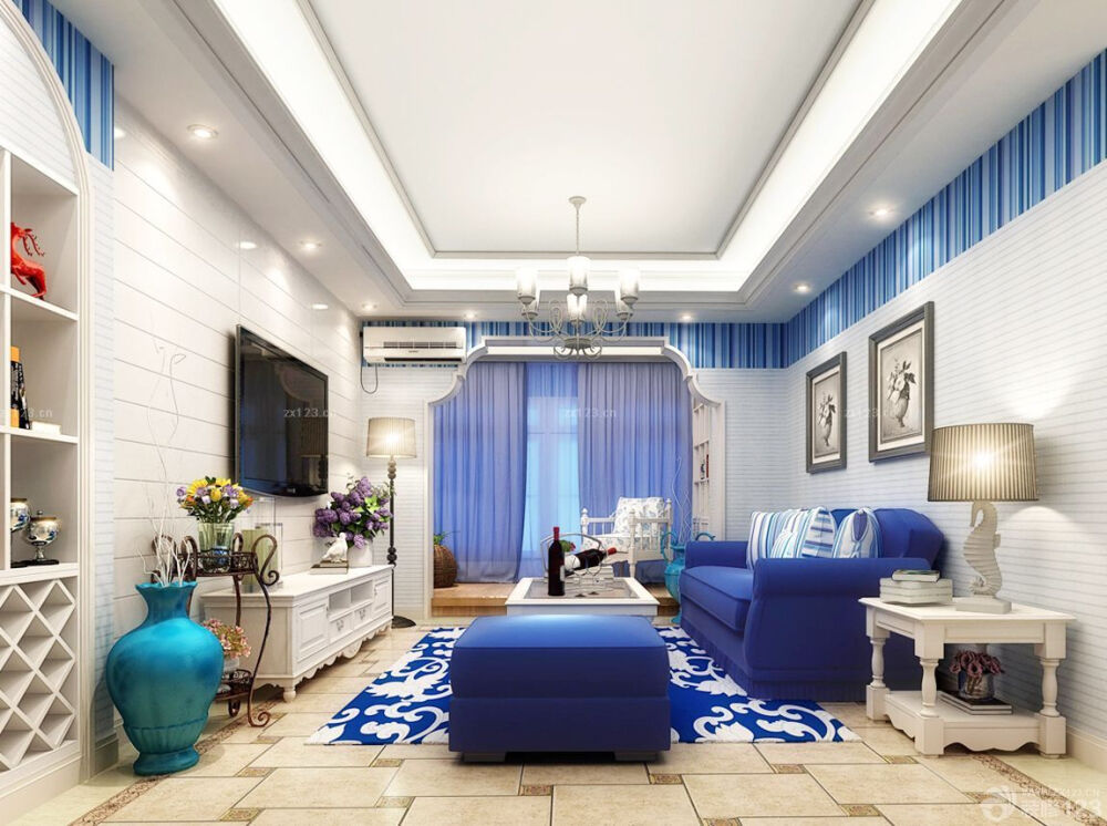 长方形客厅蓝色布艺沙发装修效果图片大全2015图片