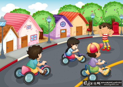 网页/ui 卡通儿童素材 单车比赛 矢量儿童卡通画,街道,房屋插画,卡通