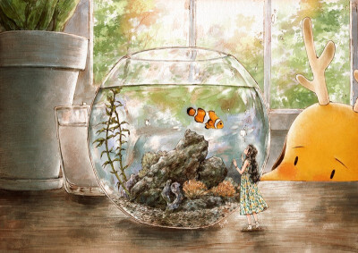 小小的鱼缸,是你圆圆的大海 ~ 来自韩国插画家aeppol 的「森林女孩