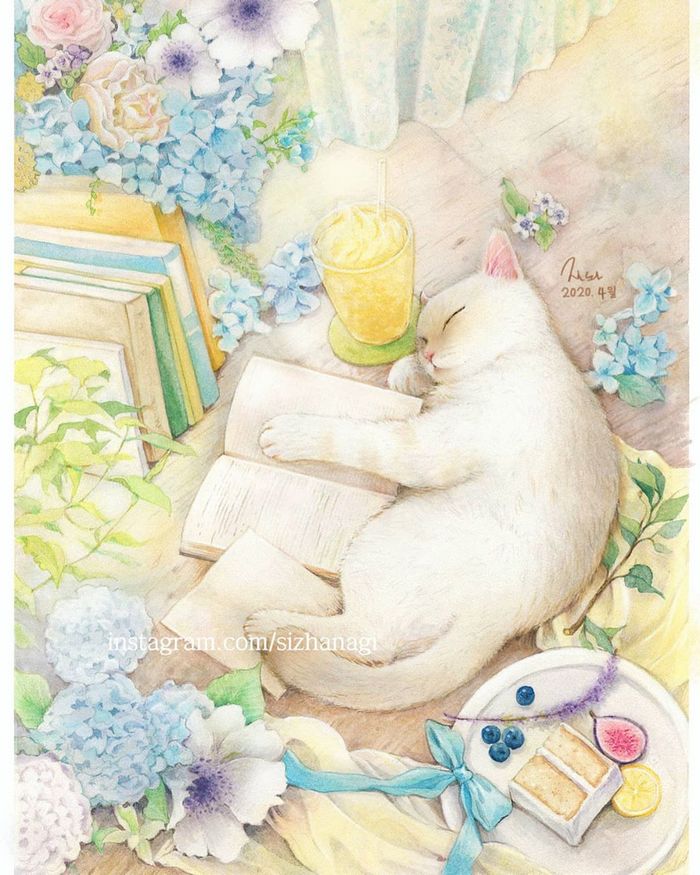 猫咪 水彩 插画 画师sizhanagi作品