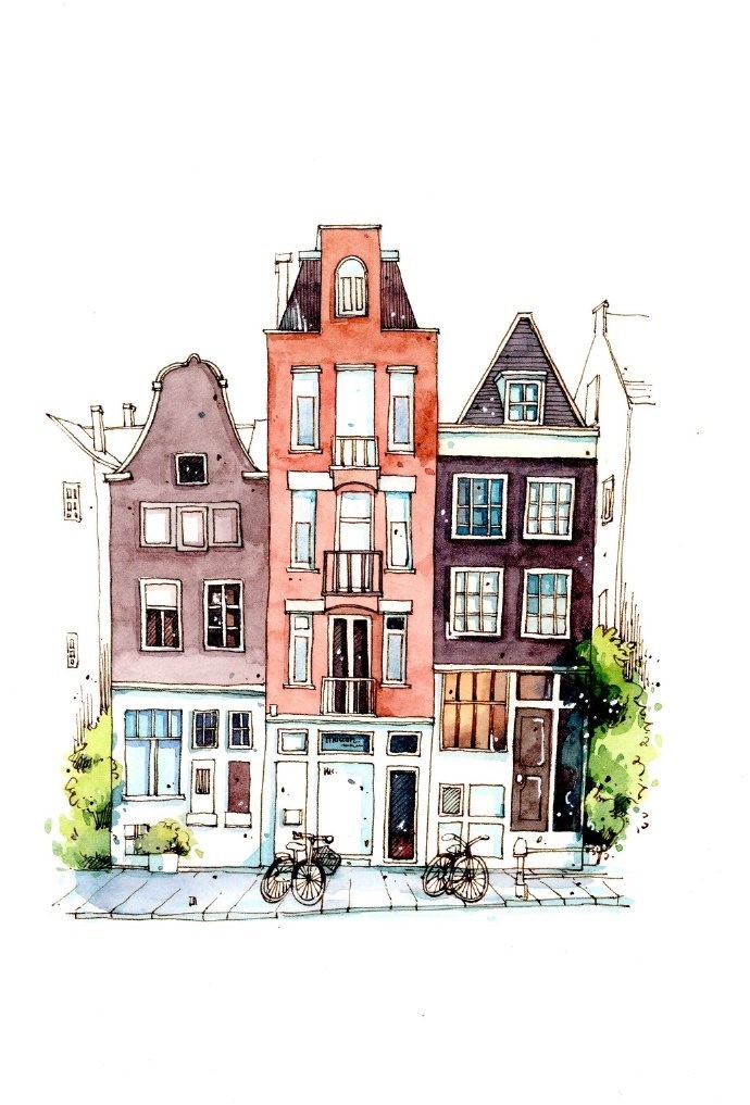 一组水彩画小建筑