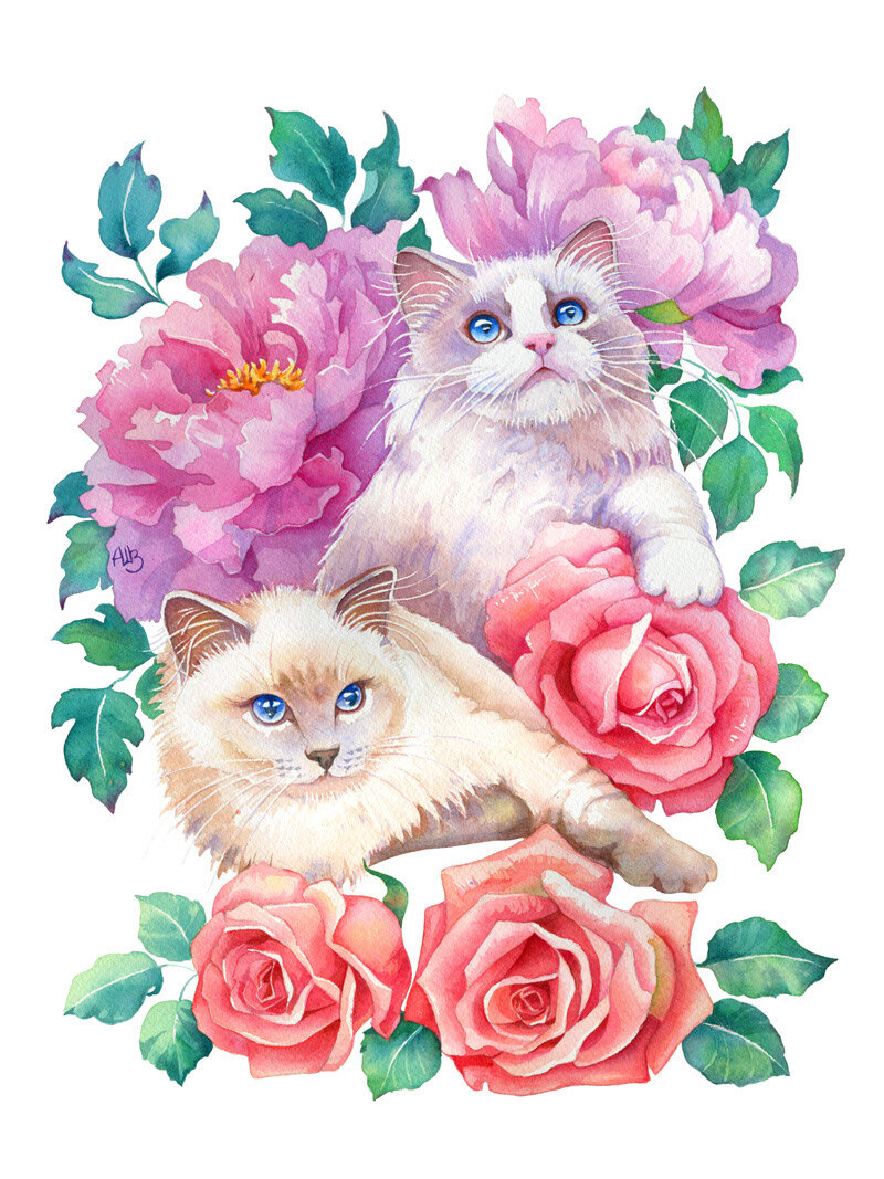 猫与花水彩插画byannabucciarelli