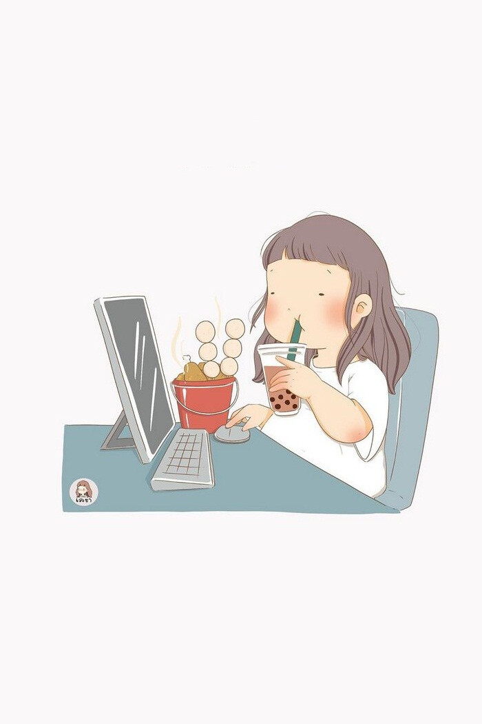 一个爱喝奶茶的胖女孩…可爱日常插画 by_lekha sukprasert