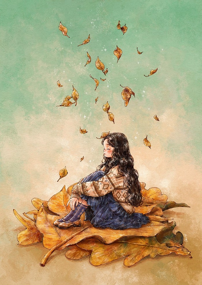 坐在树下,纷飞的落叶, 仿佛无声的秋雨 ~ 韩国插画师aeppol的作品