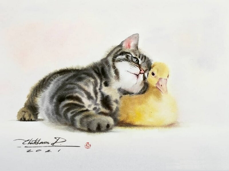 猫咪 水彩 手绘 by_chatchawarnruksa