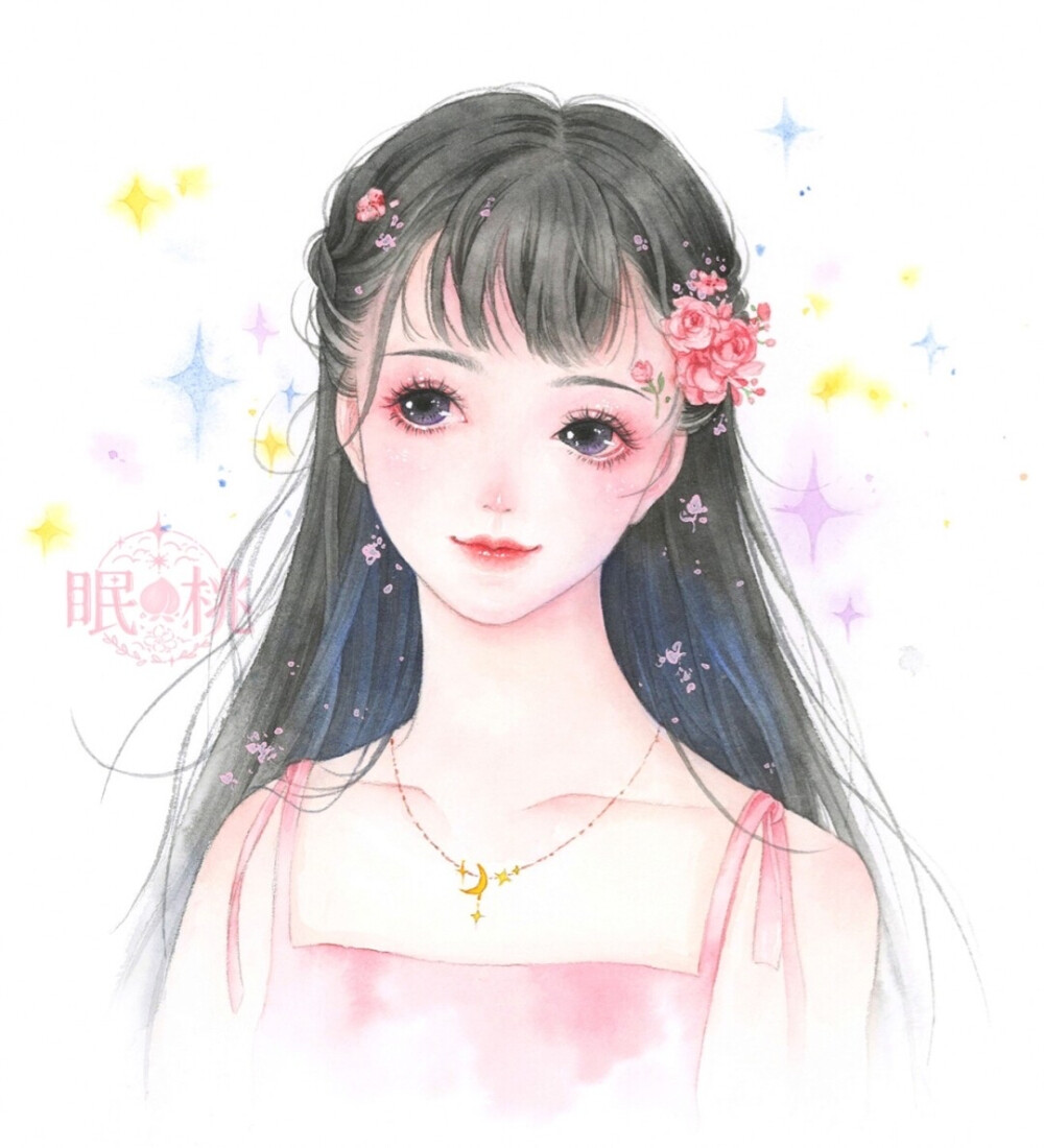 《粉黛 水彩少女人物》
