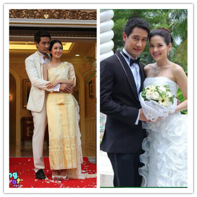 泰国男星pong 分别和泰国女星noon,aom在电视剧中的婚纱照