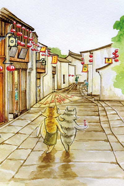 平江路历史街区插画图片