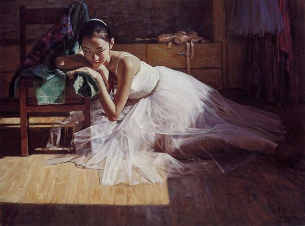 关则驹油画作品欣赏——芭蕾女孩.每个人心中都有条白裙子