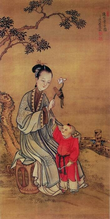 (清)冷枚《连生贵子图》轴